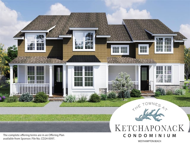 100 Rogers Ave Unit 901, Westhampton Beach, NY 11978 - view of front facade with covered porch, a shingled roof, and stone siding