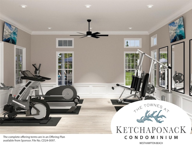100 Rogers Ave Unit 901, Westhampton Beach, NY 11978 - exercise area with ornamental molding, healthy amount of natural light, ceiling fan, a wainscoted wall, and recessed lighting