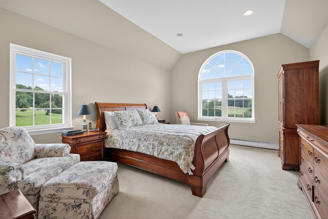 106 Maple Ave, Goshen, NY 10924 - bedroom featuring a baseboard heating unit, vaulted ceiling, light carpet, and recessed lighting