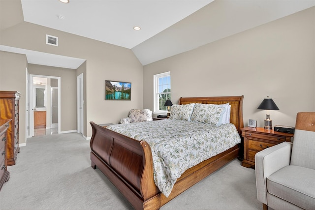 106 Maple Ave, Goshen, NY 10924 - bedroom featuring light colored carpet, vaulted ceiling, and recessed lighting