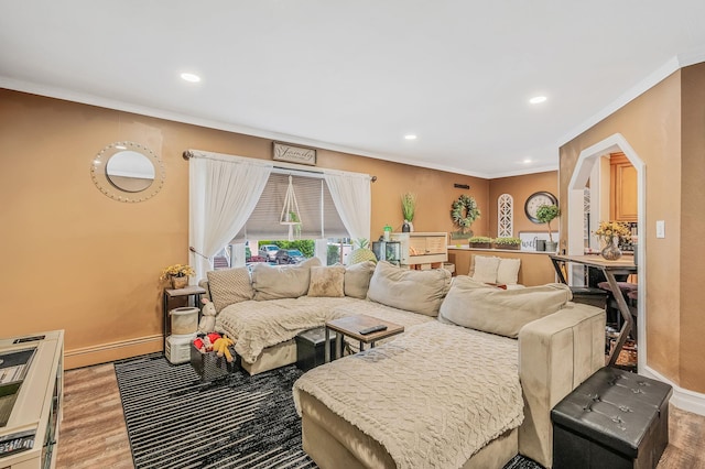 511 N Delaware Ave, Lindenhurst, NY 11757 - living room featuring wood finished floors, crown molding, a baseboard radiator, and recessed lighting