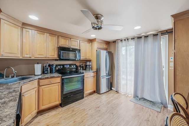 511 N Delaware Ave, Lindenhurst, NY 11757 - kitchen with black appliances, light wood-style flooring, a ceiling fan, light brown cabinets, and recessed lighting