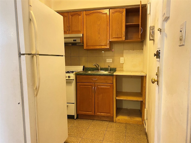 13705 Franklin Ave Unit 6L, Flushing, NY 11355 - kitchen featuring white appliances, exhaust hood, open shelves, tasteful backsplash, and brown cabinetry