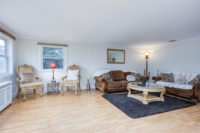 414 Pecan St, Lindenhurst, NY 11757 - living area with wood finished floors, crown molding, and radiator heating unit