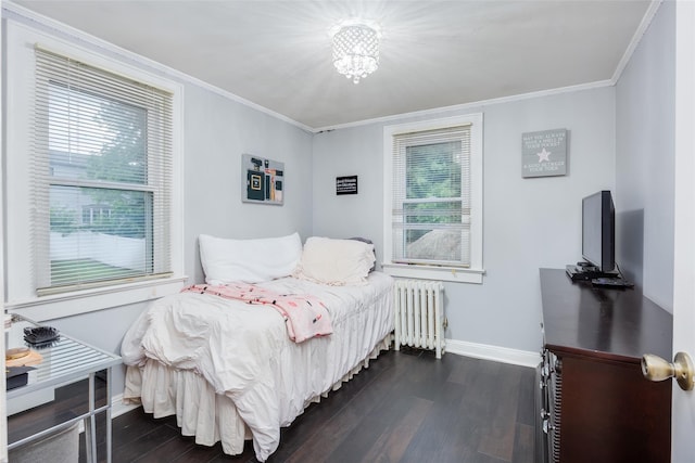414 Pecan St, Lindenhurst, NY 11757 - bedroom with radiator heating unit, dark wood-type flooring, crown molding, and a chandelier