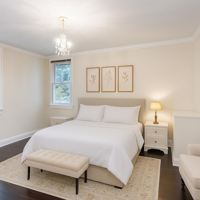 414 Pecan St, Lindenhurst, NY 11757 - bedroom featuring dark wood finished floors, a chandelier, and crown molding