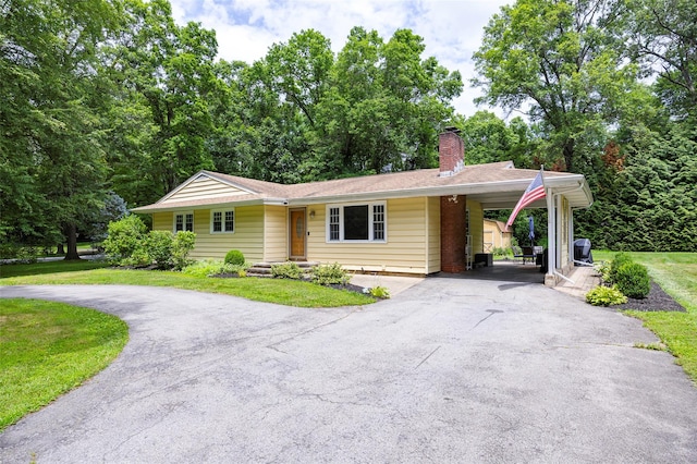 18 Alexander Blvd, Poughkeepsie, NY 12603 - ranch-style home with driveway, a carport, a front lawn, and a chimney