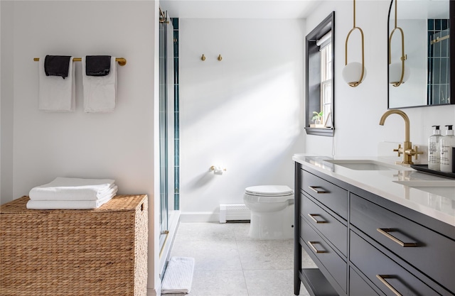 27 Maple Rd, Lake Peekskill, NY 10537 - full bathroom with vanity, a stall shower, a baseboard radiator, and tile patterned flooring