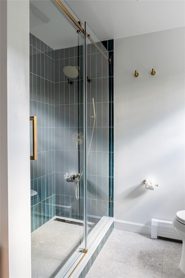 27 Maple Rd, Lake Peekskill, NY 10537 - bathroom with a stall shower, baseboard heating, and tile patterned flooring