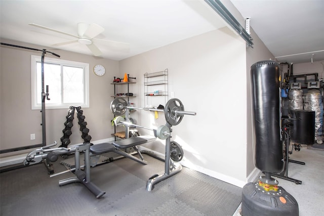 485 Harbor Rd, Cold Spring Harbor, NY 11724 - exercise area featuring ceiling fan and baseboards