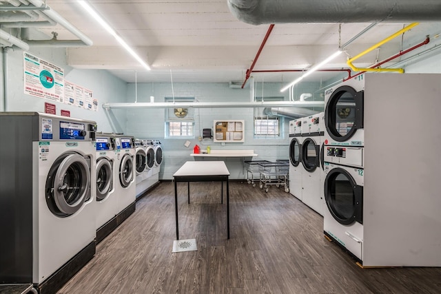 89-40 151st Ave Unit 1M, Howard Beach, NY 11414 - shared laundry featuring estacked washer and dryer, wood finished floors, and washing machine and dryer