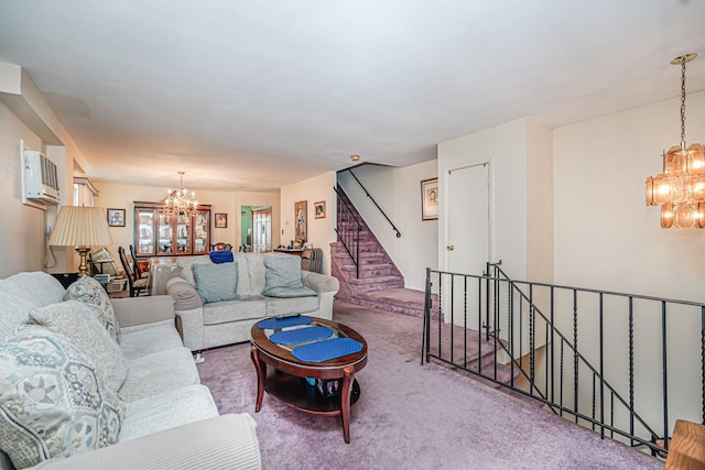 127 Keating Pl, Staten Island, NY 10314 - carpeted living area featuring a chandelier, stairway, and a wall mounted air conditioner