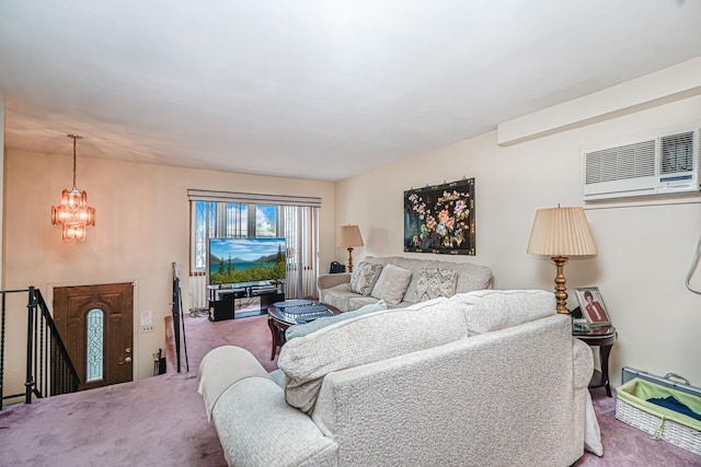 127 Keating Pl, Staten Island, NY 10314 - living room featuring carpet, a wall mounted air conditioner, and a chandelier