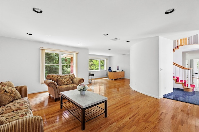 14 Pheasant Hill Ln, Old Brookville, NY 11545 - living area featuring stairway, light wood-type flooring, and recessed lighting