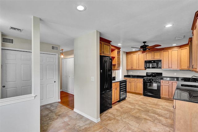 23 Indian Trce, Kings Park, NY 11754 - kitchen featuring black appliances, a ceiling fan, beverage cooler, recessed lighting, and stone finish flooring