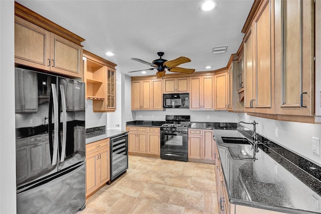 23 Indian Trce, Kings Park, NY 11754 - kitchen featuring black appliances, beverage cooler, recessed lighting, open shelves, and ceiling fan