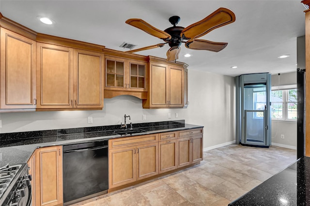 23 Indian Trce, Kings Park, NY 11754 - kitchen with dishwasher, brown cabinets, range, a ceiling fan, and recessed lighting