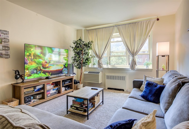 144-60 Gravett Rd Unit 4J, Kew Garden Hills, NY 11367 - living area featuring radiator heating unit, a wall mounted air conditioner, and carpet floors