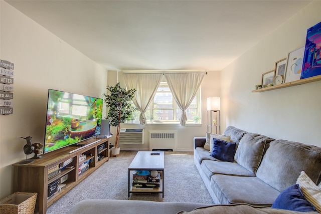 144-60 Gravett Rd Unit 4J, Kew Garden Hills, NY 11367 - living room featuring radiator heating unit, carpet floors, and a wall mounted air conditioner