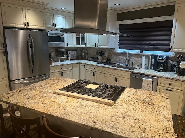 15916 92nd St, Howard Beach, NY 11414 - kitchen with appliances with stainless steel finishes, island range hood, decorative backsplash, crown molding, and light stone countertops