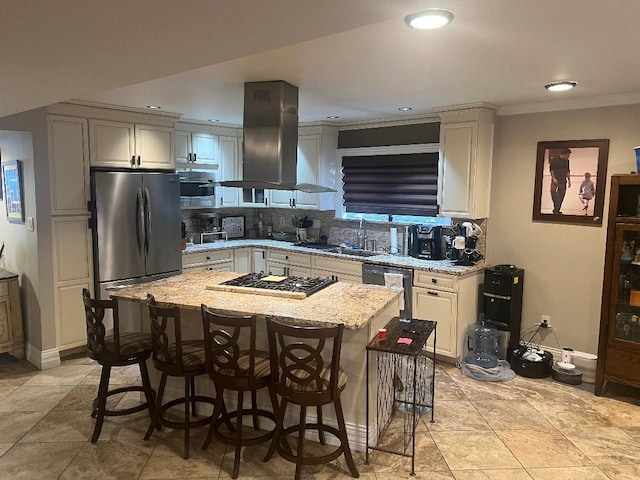 15916 92nd St, Howard Beach, NY 11414 - kitchen with island exhaust hood, stainless steel appliances, decorative backsplash, a kitchen bar, and ornamental molding