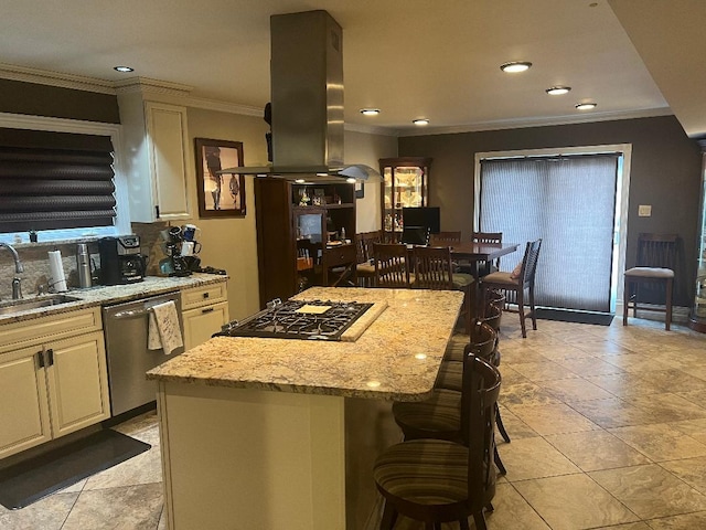 15916 92nd St, Howard Beach, NY 11414 - kitchen with stainless steel dishwasher, crown molding, cooktop, light stone countertops, and island exhaust hood