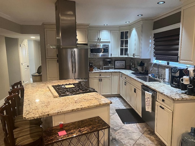 15916 92nd St, Howard Beach, NY 11414 - kitchen featuring appliances with stainless steel finishes, backsplash, light stone countertops, island range hood, and glass insert cabinets