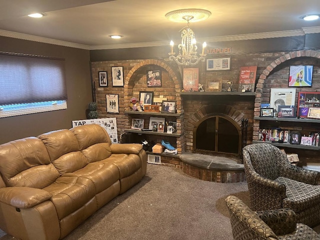15916 92nd St, Howard Beach, NY 11414 - living room featuring carpet, a brick fireplace, a chandelier, crown molding, and brick wall