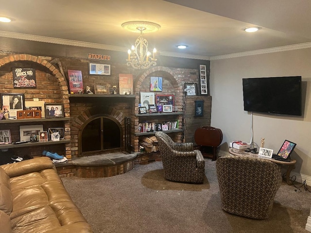15916 92nd St, Howard Beach, NY 11414 - carpeted living room with a fireplace, a chandelier, and ornamental molding