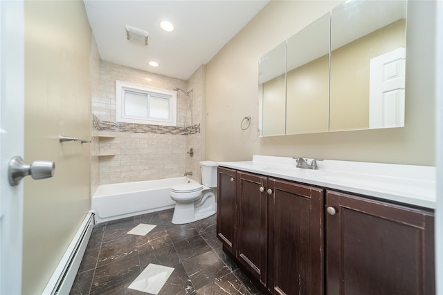 7 Miller Dr, Lake Grove, NY 11755 - bathroom featuring a baseboard heating unit, vanity, bathtub / shower combination, marble finish floors, and recessed lighting