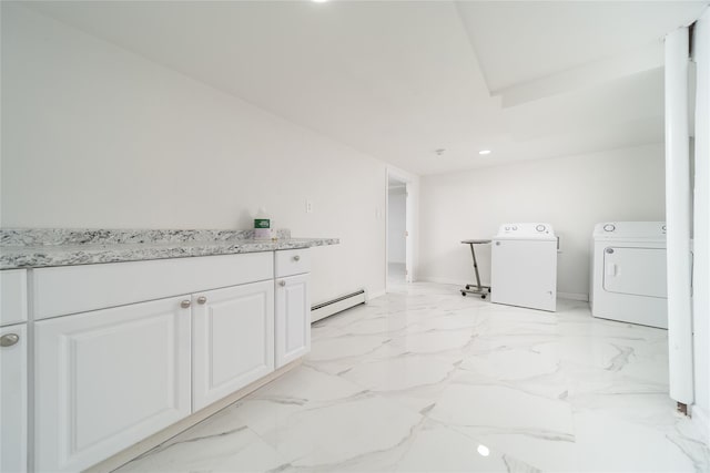 7 Miller Dr, Lake Grove, NY 11755 - washroom featuring baseboard heating, independent washer and dryer, recessed lighting, and light marble finish floors