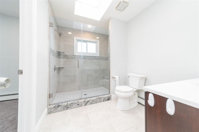 7 Miller Dr, Lake Grove, NY 11755 - bathroom with vanity, a skylight, a shower stall, baseboard heating, and tile patterned floors