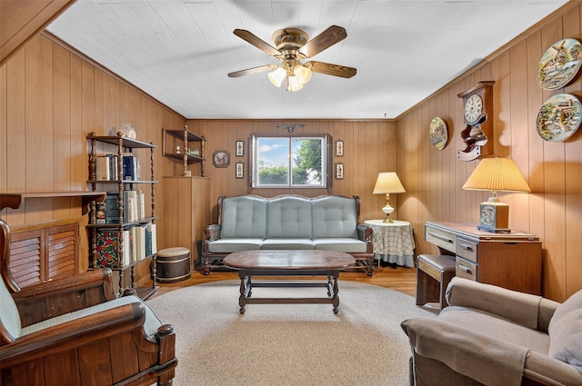 5 Clark St, Plainview, NY 11803 - living room with ceiling fan, wood finished floors, and wooden walls