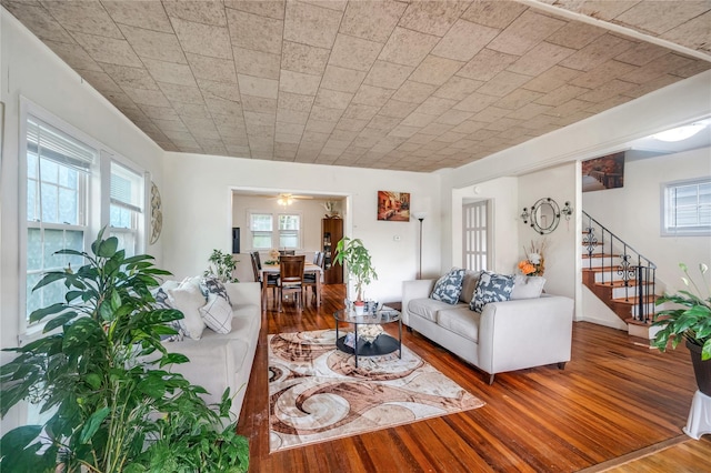 73 Bismark Ave, Valley Stream, NY 11581 - living room featuring stairway, wood-type flooring, and ceiling fan