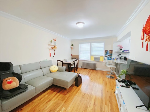 141-35 79th Ave Unit 3M, Flushing, NY 11367 - living area with radiator, ornamental molding, light wood-style floors, and cooling unit