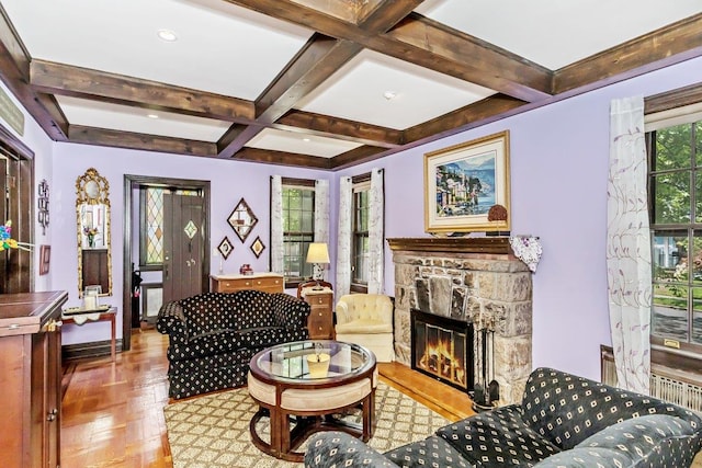 25 Reyam Rd, Lynbrook, NY 11563 - living room with beamed ceiling, a stone fireplace, coffered ceiling, and recessed lighting