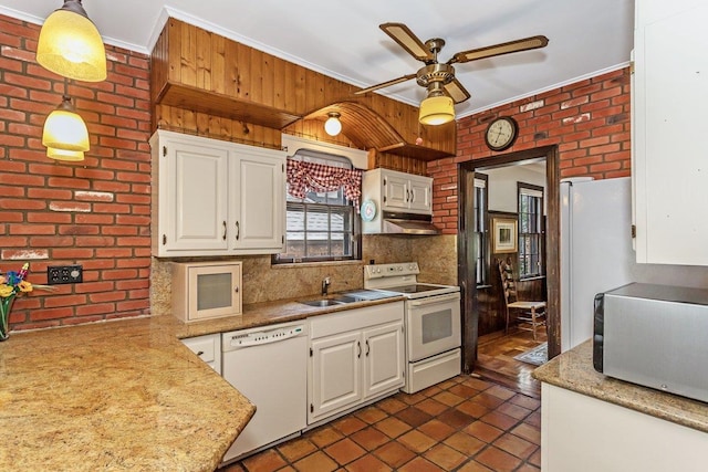 25 Reyam Rd, Lynbrook, NY 11563 - kitchen with white appliances, a ceiling fan, brick wall, white cabinetry, and ornamental molding