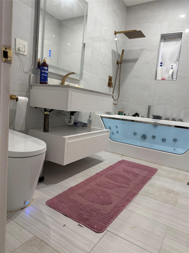 616 Port Richmond Ave, Staten Island, NY 10302 - full bathroom with tile walls and a combined bath / shower with jetted tub