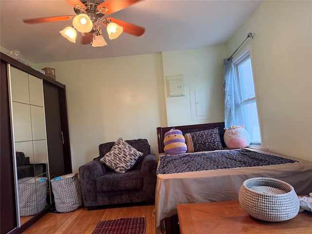 616 Port Richmond Ave, Staten Island, NY 10302 - bedroom with light wood-type flooring, ceiling fan, and electric panel