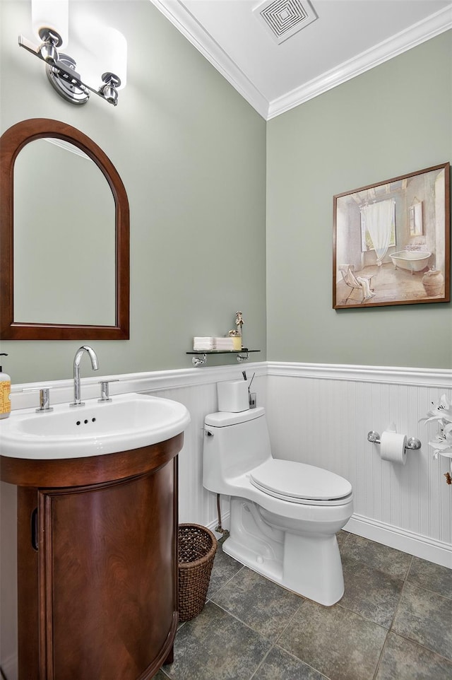 48 Fieldstone Ln, Oyster Bay, NY 11771 - bathroom with crown molding, wainscoting, and vanity