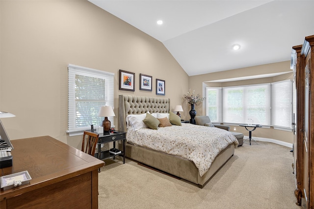 48 Fieldstone Ln, Oyster Bay, NY 11771 - bedroom with light carpet, vaulted ceiling, and recessed lighting