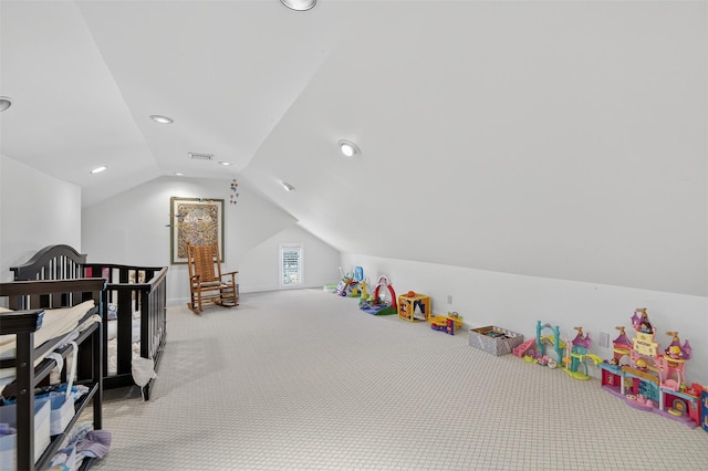 48 Fieldstone Ln, Oyster Bay, NY 11771 - recreation room with vaulted ceiling, carpet floors, and recessed lighting