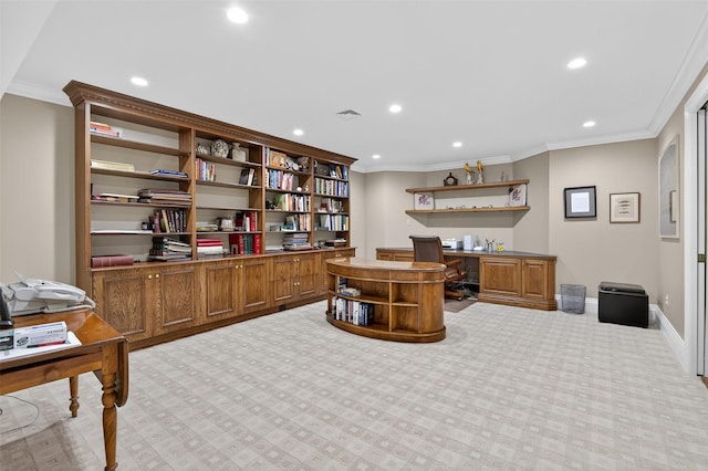 48 Fieldstone Ln, Oyster Bay, NY 11771 - office area with ornamental molding, recessed lighting, carpet floors, and built in desk