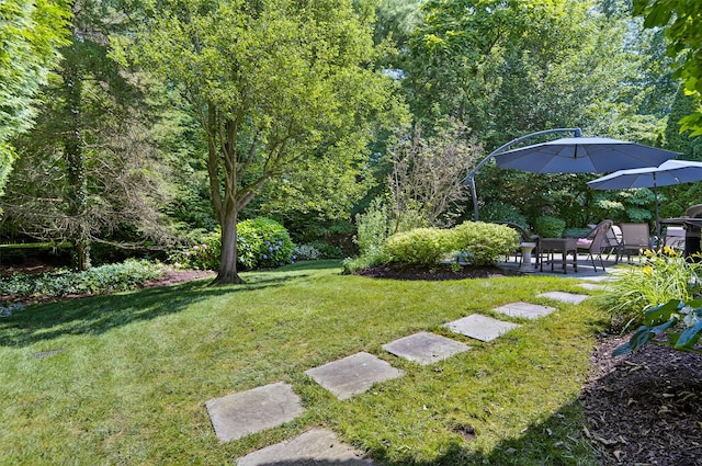 48 Fieldstone Ln, Oyster Bay, NY 11771 - view of green lawn featuring a patio and a wooded view