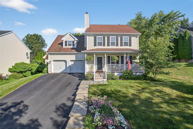 36 Bush Creek Ln, Poughquag, NY 12570 - colonial home with a porch, an attached garage, driveway, a front lawn, and a chimney