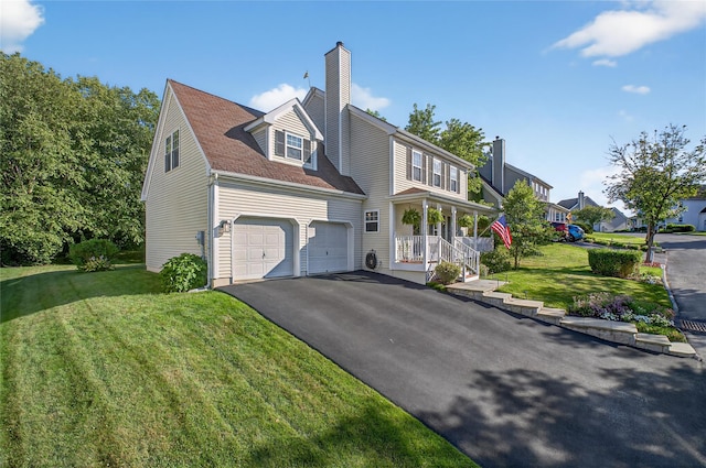 36 Bush Creek Ln, Poughquag, NY 12570 - view of front facade featuring driveway, a porch, a chimney, a front lawn, and roof with shingles