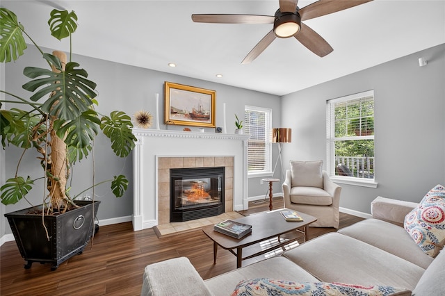 36 Bush Creek Ln, Poughquag, NY 12570 - living area featuring wood finished floors, recessed lighting, a tiled fireplace, and ceiling fan