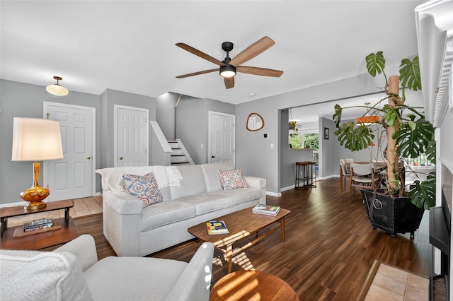 36 Bush Creek Ln, Poughquag, NY 12570 - living area with ceiling fan, wood finished floors, and stairs