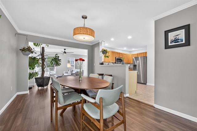 36 Bush Creek Ln, Poughquag, NY 12570 - dining space with crown molding, wood finished floors, a ceiling fan, and recessed lighting