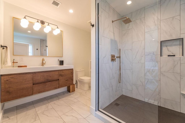 1030 Horseshoe Dr, Cutchogue, NY 11935 - bathroom featuring marble look tile flooring, vanity, walk in shower, and recessed lighting